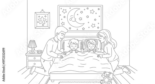 Family Bedtime Story: Parents Tuck In Children Under Cozy Blanket