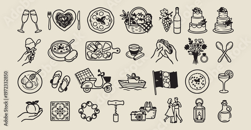 food and drink icons, cafe and restaurant art, meal and beverage line, dining lifestyle vector set, breakfast and dinner symbols, gourmet food delivery icons, culinary experience graphic set
