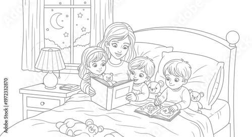 Mother Reads Bedtime Story to Children in Cozy Bedroom Night Scene