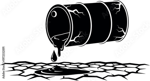 Leaking oil barrel on cracked dry ground symbolizing environmental pollution and disaster with hazardous waste spreading widely.