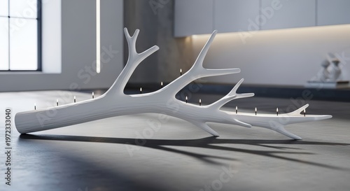Modern White Antler Candle Holder on Dark Countertop with Minimalist Kitchen Background and Soft Lighting