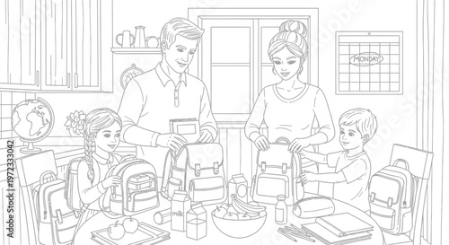 Family packing school bags for children, preparing for education, back to school concept.