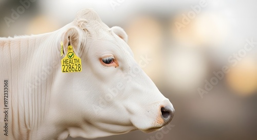 Close up of a healthy white cow with yellow ear tag for livestock identification.