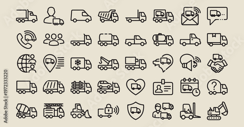 logistics shipping transport icons, commercial vehicle line art, delivery service symbols, cargo freight graphics, supply chain elements, international trade illustrations, fleet management icons
