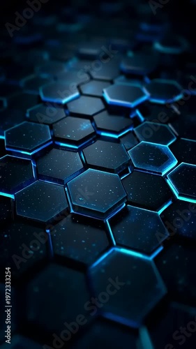 Futuristic Hexagonal Grid with Blue Neon Lights.