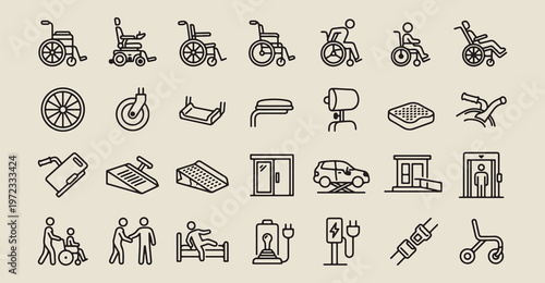 accessibility disability inclusion icons, universal design symbols, wheelchair access graphics, medical mobility elements, inclusive public space, handicapped assistance icons, patient care line art
