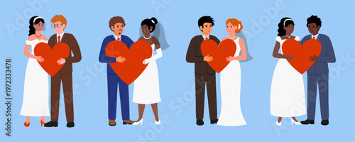 Newlywed couples of different nationalities. Flat style vector set for wedding invitations, multicultural marriage content.