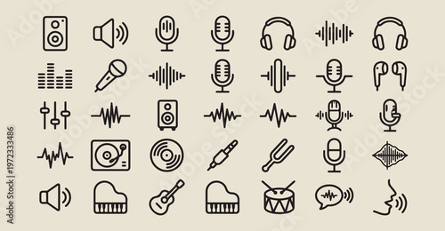 audio music sound waveform icons, musical instrument line art, radio broadcasting symbols, dj equipment graphics, podcasting tools elements, rhythmic audio illustrations, volume control icons
