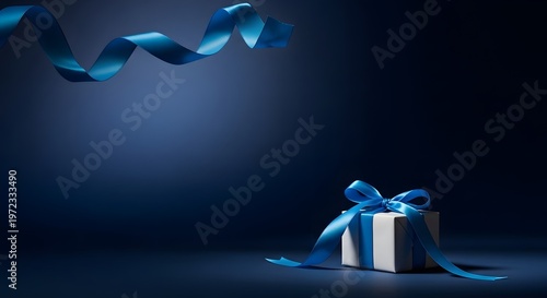 Elegant gift presentation blue ribbon and box in dark setting