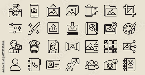photography digital media icons, camera equipment line art, video production symbols, multimedia gallery graphics, creative imaging elements, visual content icons, professional photo studio
