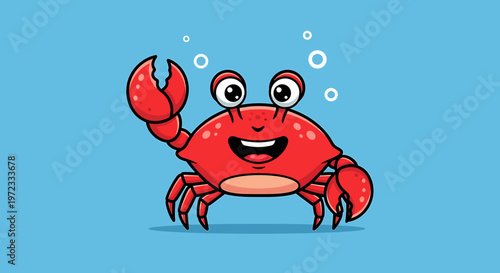 A cartoon red crab smiling underwater.