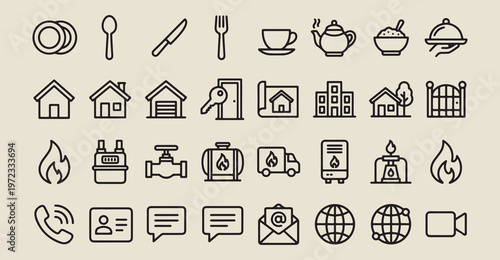 home services utilities maintenance, plumbing and repair icons, water and gas system, electrician service graphics, household plumbing symbols, energy supply line art, facility management elements
