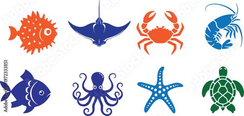 Colorful marine life illustrations a collection of ocean creatures in a stylized design