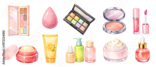 A charming watercolor collection of skincare and makeup products featuring beauty cosmetics, pastel packaging, and self care essentials illustrated in a delicate feminine style.