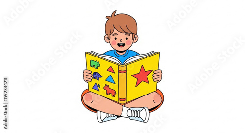 Cute little boy sitting and reading a colorful picture book vector illustration