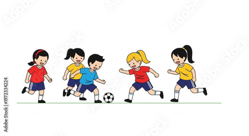 Happy kids boys and girls playing soccer together in flat line art style