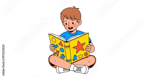 Little boy sitting and reading a colorful picture book vector illustration