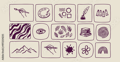 creative art studio tools icons, hand drawn painter palette illustration, creative designer workspace graphics, decorative fine art elements, sketchy quill and ink symbols, organic craft hobby line ar