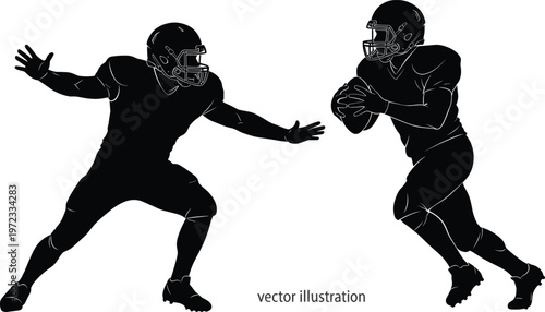 American football player silhouettes in action, running and defending poses, sport vector illustration isolated for team, game, and training design