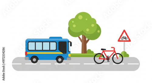 City transportation flat vector illustration with blue bus and red bicycle on road