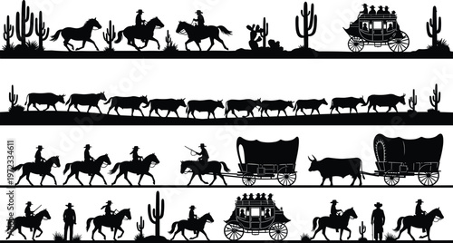 Wild west silhouettes set with cowboys, horses, wagons, and desert elements, western vintage vector illustration collection for design projects