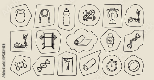 fitness yoga gym routine icons, hand drawn healthy lifestyle illustration, creative workout equipment graphics, decorative sports activity elements, sketchy wellness exercise symbols, organic physical