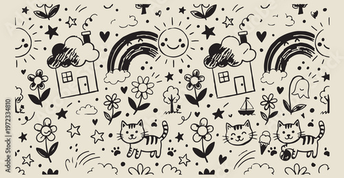 cute sun cloud house doodles, hand drawn children style illustration, creative happy nature graphics, decorative weather icons elements, sketchy garden and cat symbols, whimsical village life backgrou