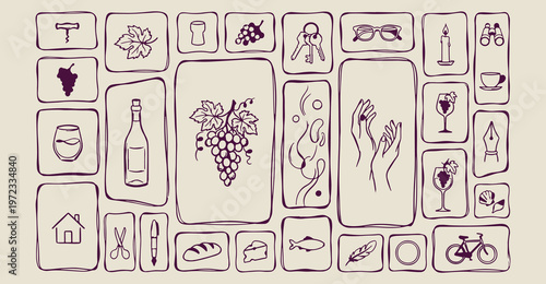 wine vineyard harvest icons, decorative grape cluster illustration, creative winery cellar graphics, hand drawn viticulture elements, sketchy bottle and glass symbols, rustic vineyard landscape line a