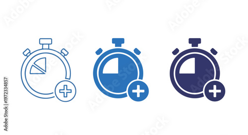 Three stopwatch icons in different styles showing time measurement and addition, isolated on white background