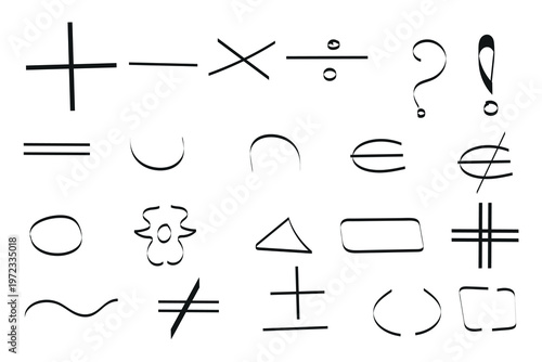 Collection of hand drawn mathematical and symbolic characters