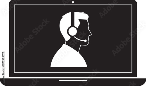 Black and white of a laptop computer displaying a silhouette profile of a customer support agent wearing a headset, isolated on a white background
