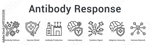 Antibody response banner web icon demonstrates vaccine-triggered antibody production and immune memory formation processes.