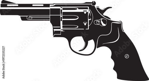 Black silhouette of a large-frame revolver handgun, side profile view of a firearm with a rotating cylinder and ergonomic grip, isolated on a plain white background