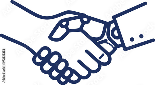 Illustration of a handshake between a human hand and a robotic or digital hand symbolizing partnership and collaboration