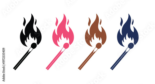 Four different colored burning matches with flames on a white background, representing ideas and ignition