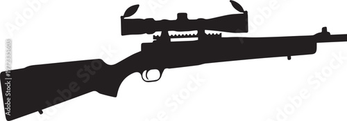 Black silhouette of a bolt-action hunting rifle with a mounted telescopic sight, isolated on a plain white background, side profile view of a firearm