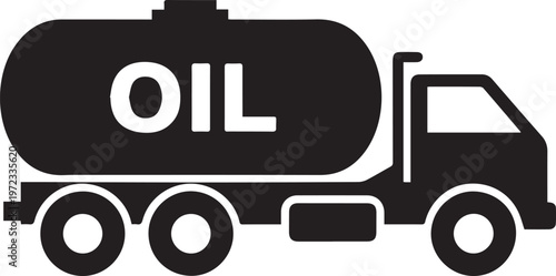 Black and white silhouette of an oil tanker truck with the word oil printed in bold capital letters on the side of the large cylindrical fuel tank, isolated on a plain white background