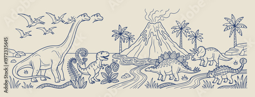 prehistoric dinosaur landscape illustration, jurassic world volcano scene, hand drawn t-rex palm trees, ancient nature environment graphics, creative dino era sketchy art, decorative primitive world b