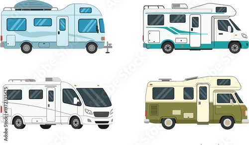 Camper Van and Motorhome Collection with Different RV Caravan Vehicles for Travel, Camping, Road Trip Adventure, and Mobile Living Illustration Set