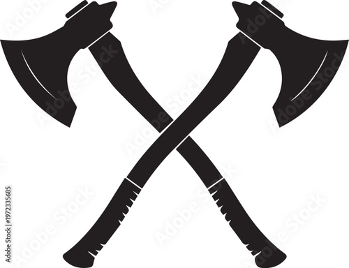 Two crossed axes in black silhouette, minimalist of double hatchets with curved handles and sharp blades isolated on a white background