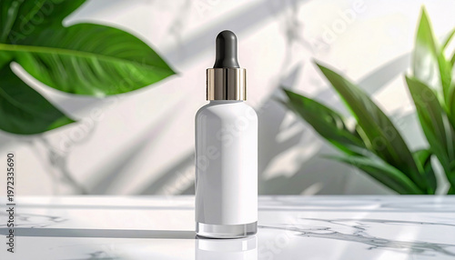 White Dropper Bottle Mockup on Marble Surface with Tropical Green Leaves Background