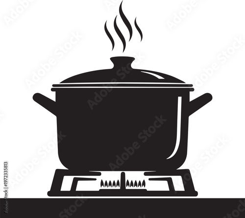 Black silhouette of a covered cooking pot on a gas stove burner with rising steam, isolated on a white background
