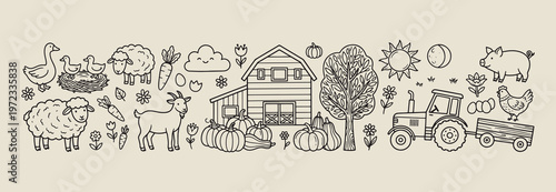 farm barn autumn harvest, hand drawn rural landscape illustration, creative countryside nature graphics, decorative pumpkin and tree elements, sketchy farm life symbols, organic agricultural backgroun