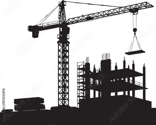 Black and white silhouette of a tower crane lifting a construction beam over an unfinished building frame with scaffolding and stacked on a white background