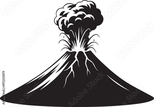 Black and white of an erupting volcano with a large plume of smoke, ash, and lava streaks on the mountain slope, isolated on a white background