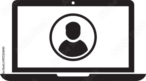 Black and white of a laptop computer screen displaying a circular user profile avatar, minimalist flat symbol of a person on a digital device display, isolated on white background