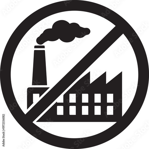 Black and white prohibition sign featuring a factory silhouette with a smokestack emitting smoke, crossed out by a diagonal line inside a circular border