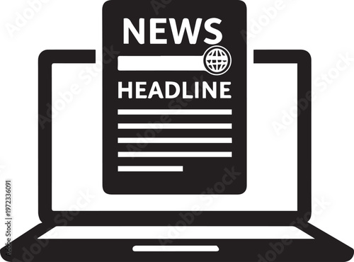 Black and white of a laptop computer displaying a news headline document with a globe symbol, isolated on a white background