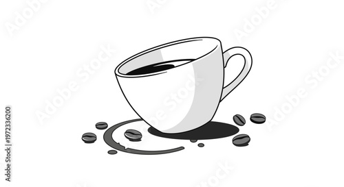 A simple black and white illustration of a coffee cup with beans.