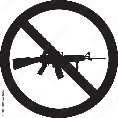 Black and white of a rifle silhouette inside a circular prohibition sign with a diagonal slash, representing a no firearms or allowed policy